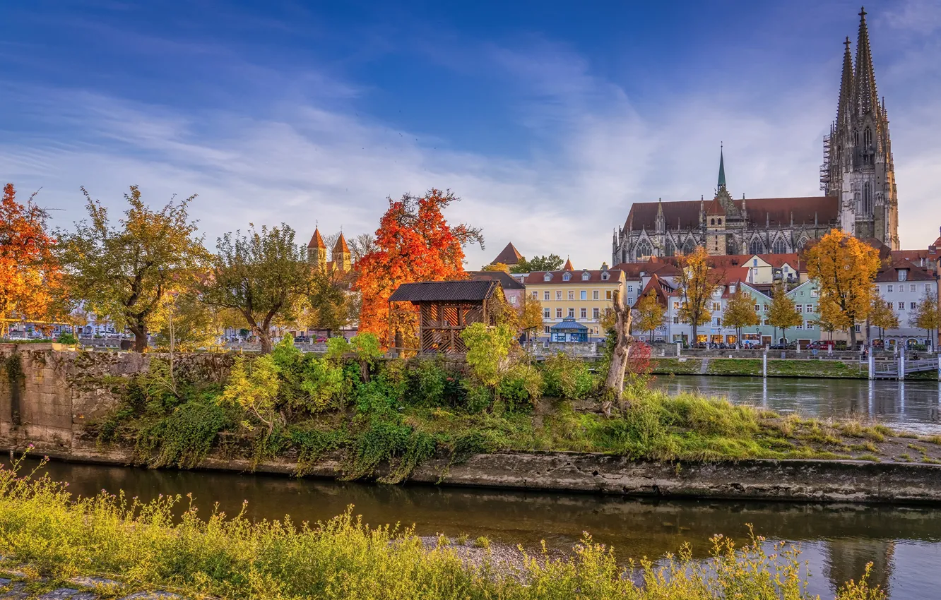 Photo wallpaper autumn, the sky, the sun, trees, river, home, Germany, Bayern