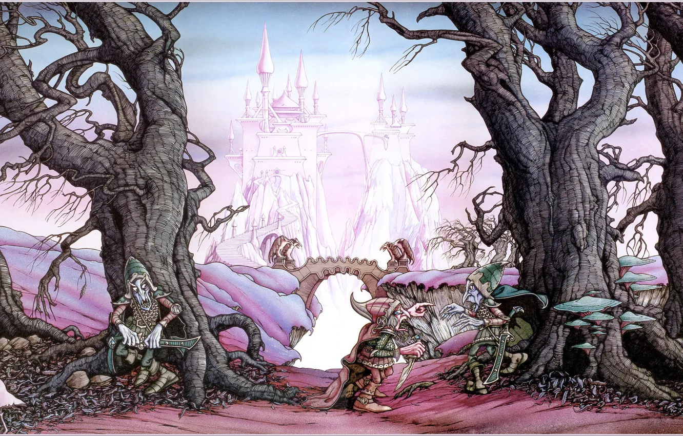 Photo wallpaper trees, castle, fiction, Rodney Matthews, goblins