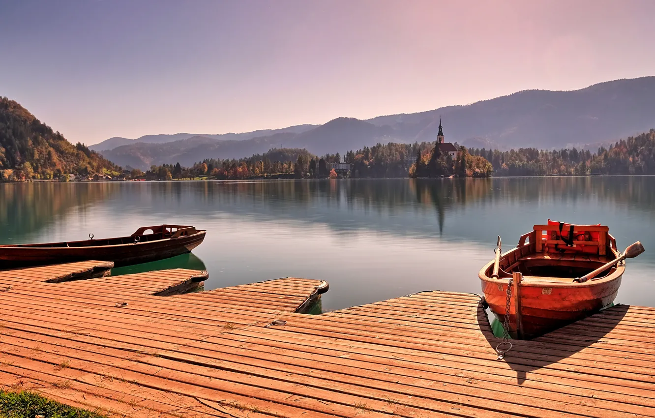 Photo wallpaper landscape, mountains, nature, lake, boats, pier, forest, Slovenia