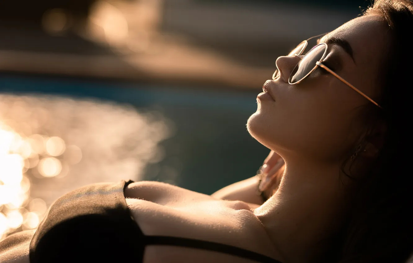 Photo wallpaper girl, model, brunette, swimming pool, closed eyes, women with glasses, Alexander Nesterenko, women with shades