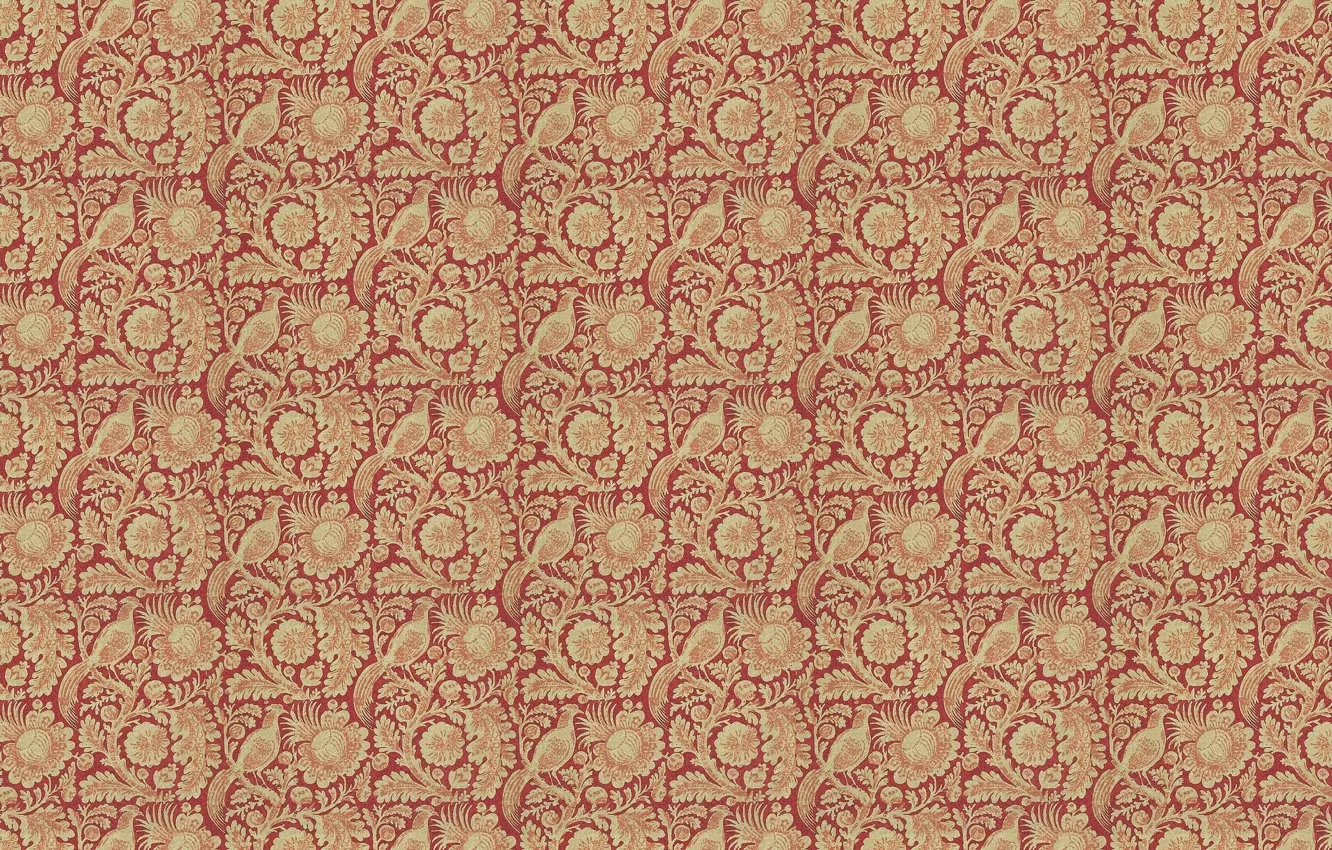 Photo wallpaper flowers, red, background, Wallpaper, texture, bird, ornament, vintage