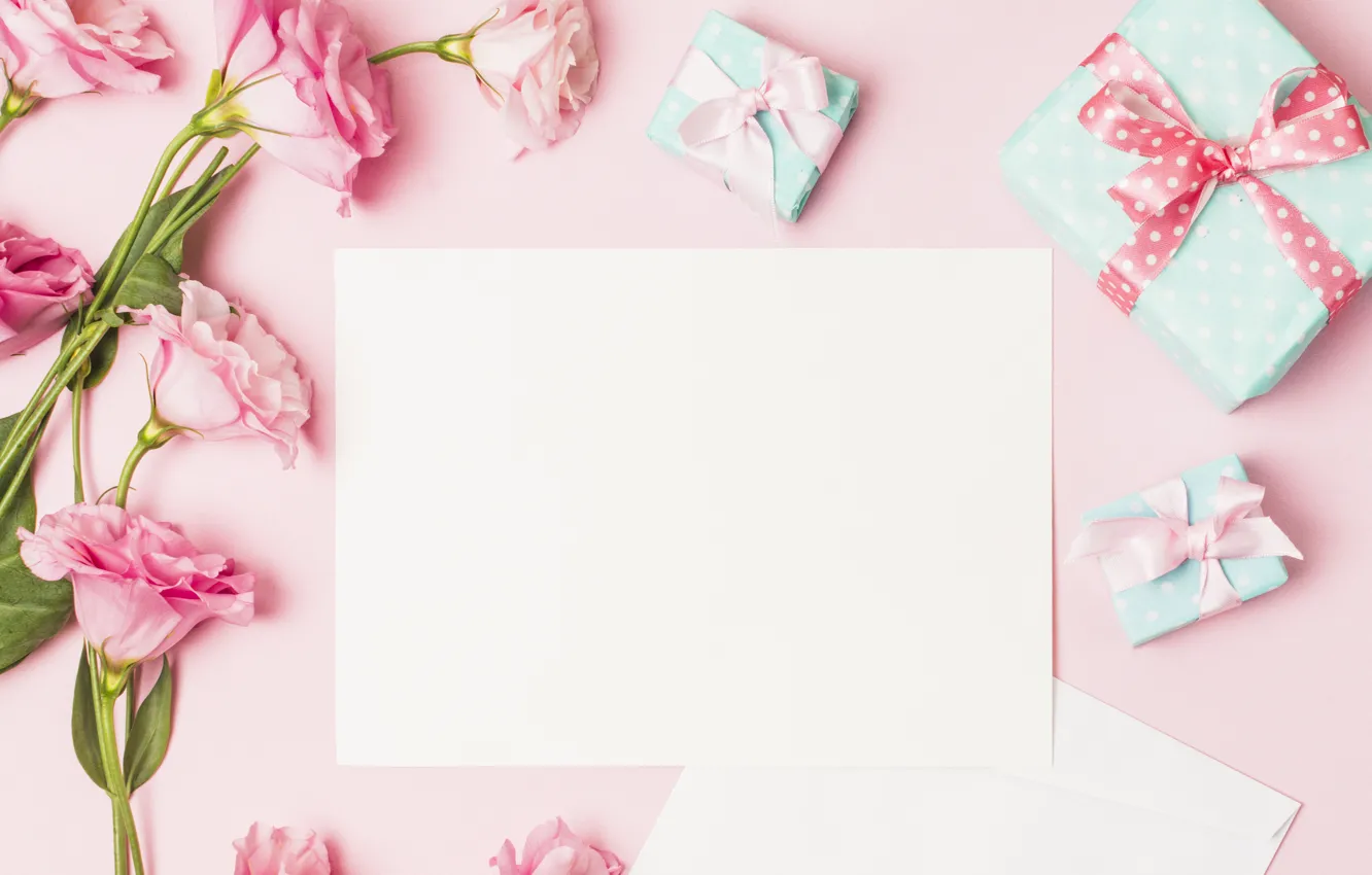 Photo wallpaper flowers, gift, pink, pink, flowers, eustoma, gift box, eustoma