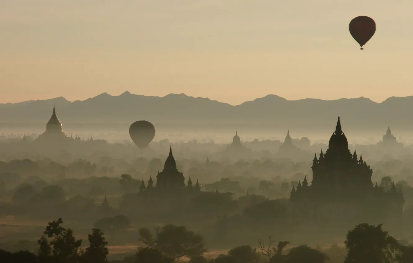 Photo wallpaper mountains, fog, balls