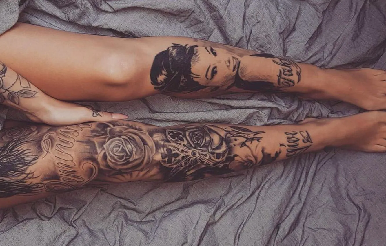 Photo wallpaper tan, slender legs, the tattoo on the arm, tattoo on legs