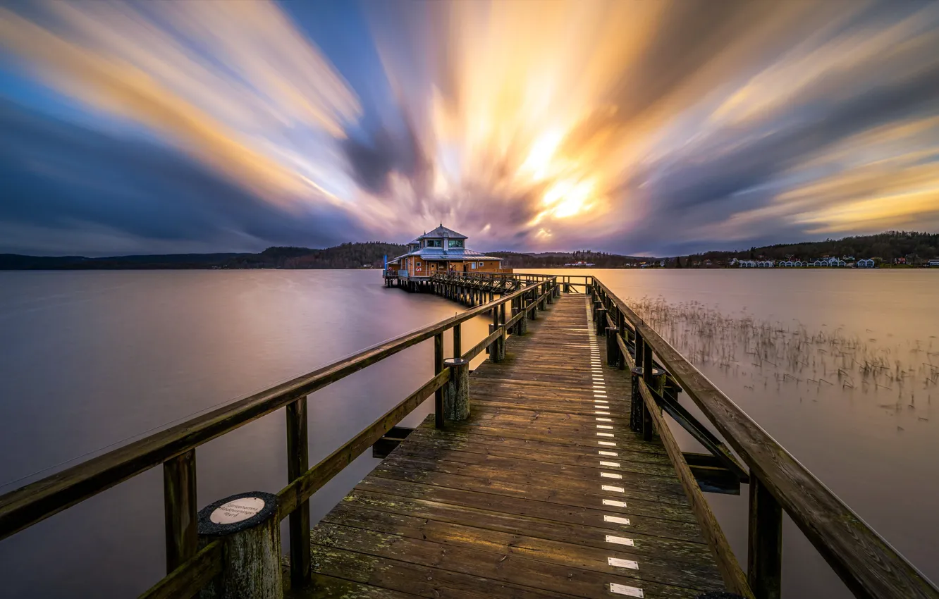 Photo wallpaper landscape, sunset, bridge