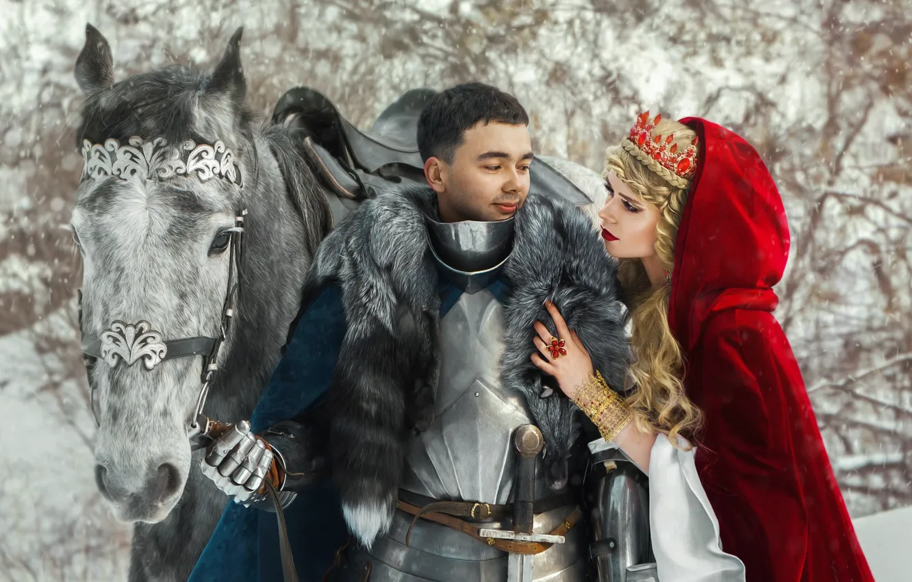 Photo wallpaper winter, forest, look, girl, snow, love, red, pose