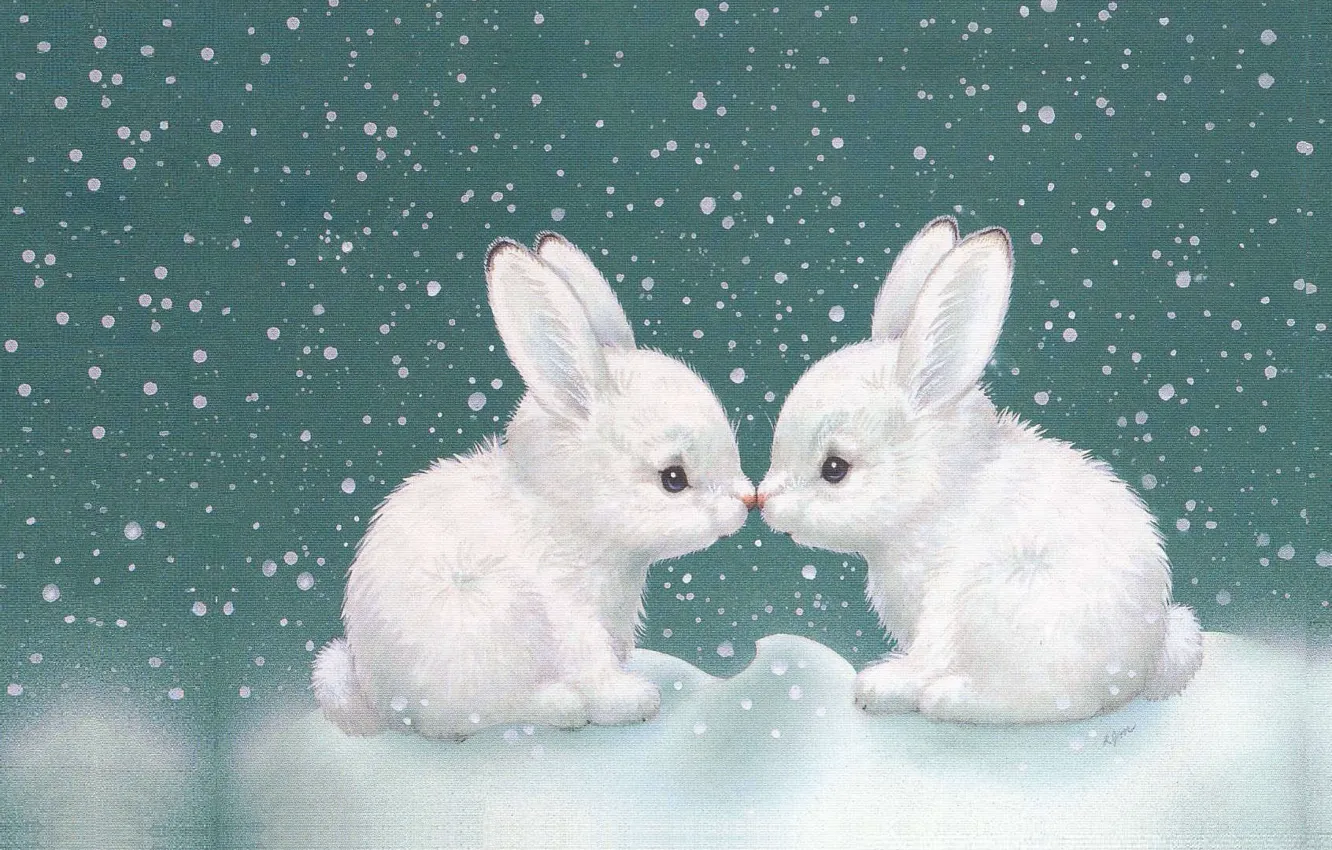Photo wallpaper winter, snow, art, Bunny, children's