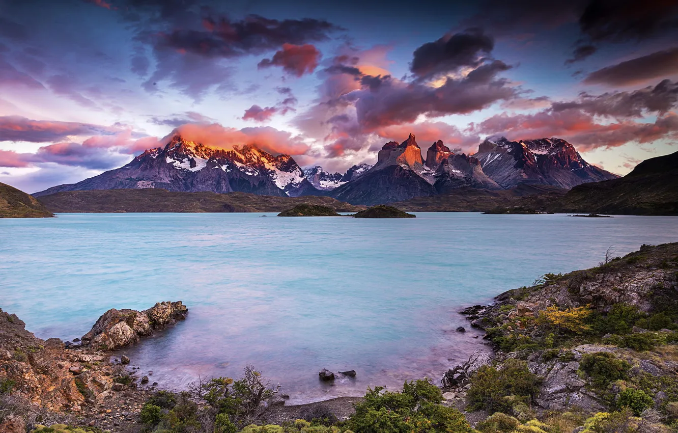 Photo wallpaper mountains, nature, lake, dawn