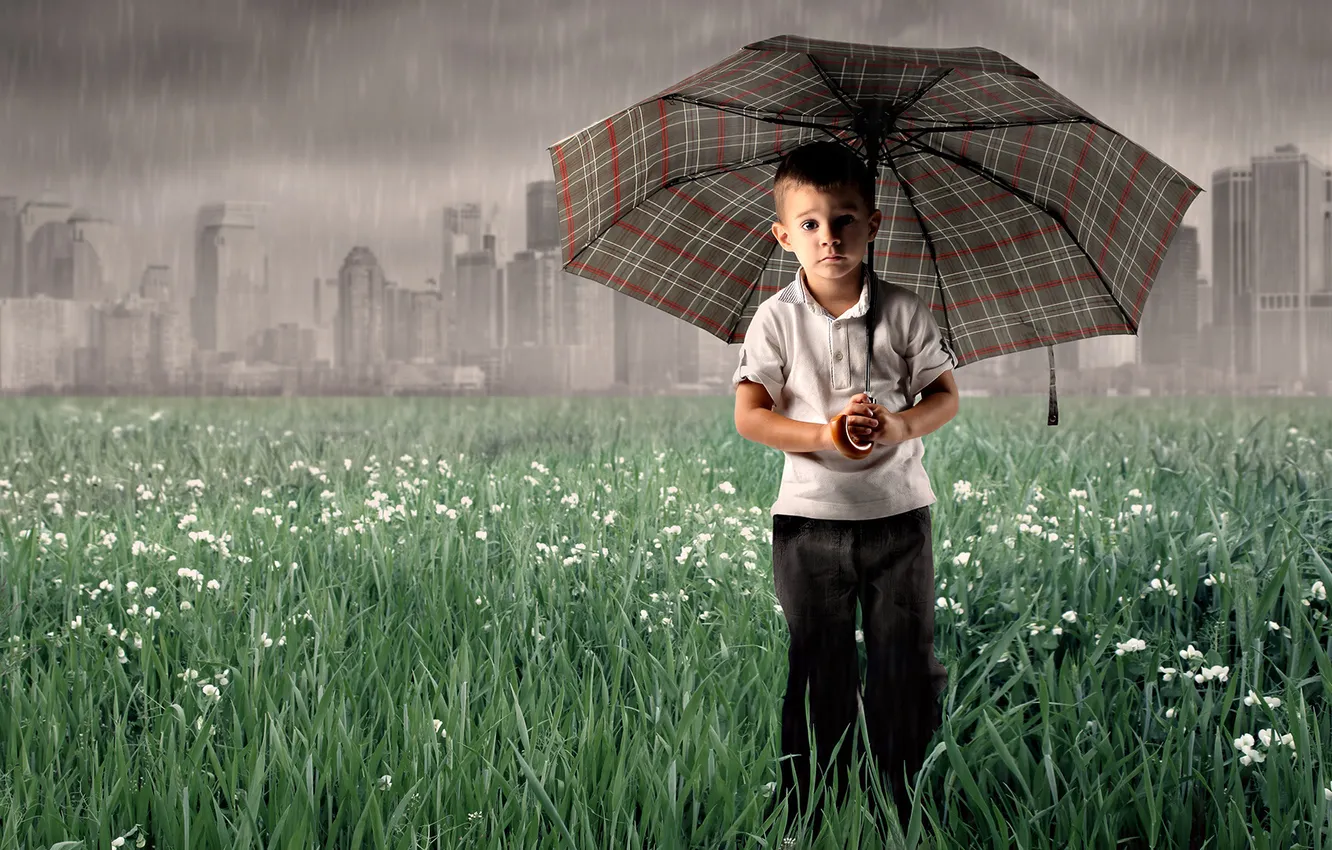 Photo wallpaper sadness, rain, umbrella, boy