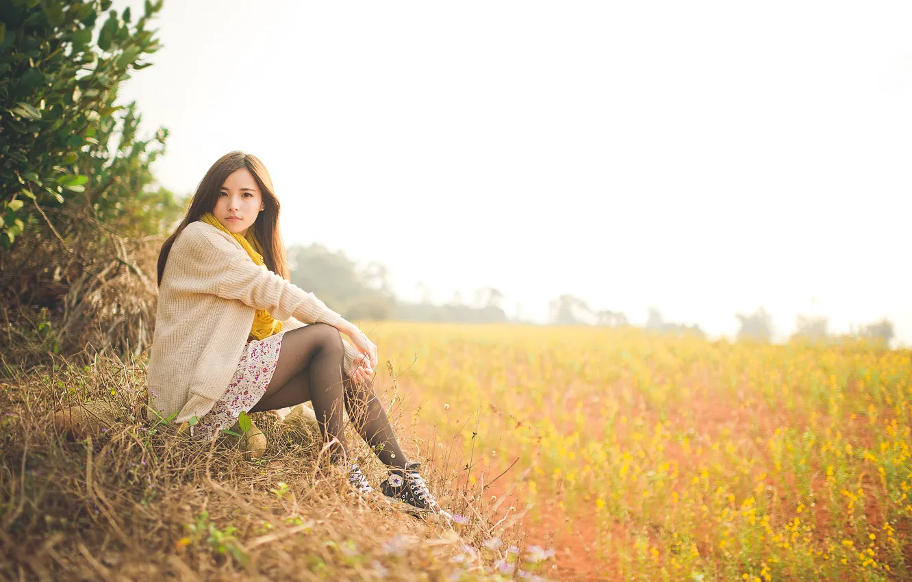 Photo wallpaper grass, girl, Asian, sitting