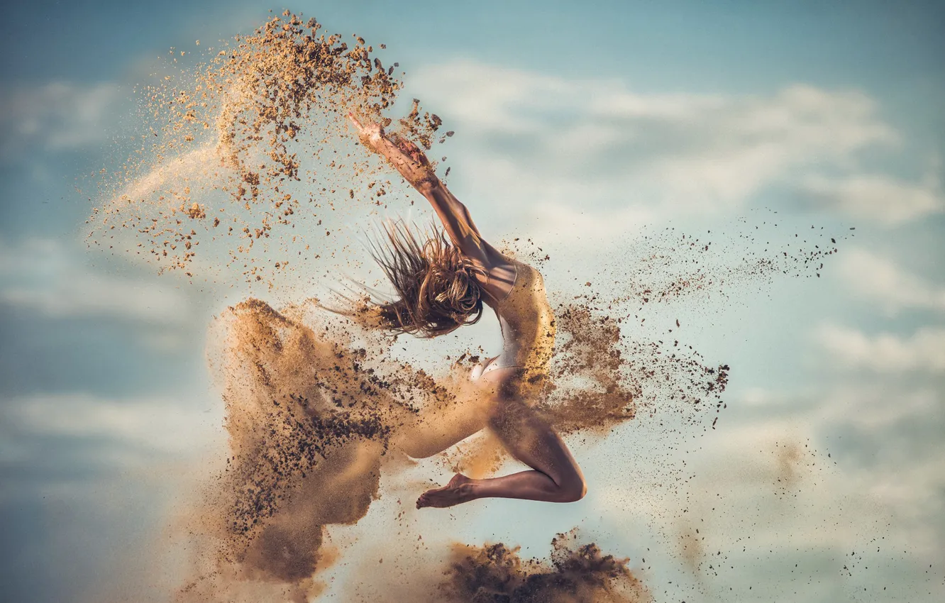 Photo wallpaper sand, girl, jump, Ivan Slavov