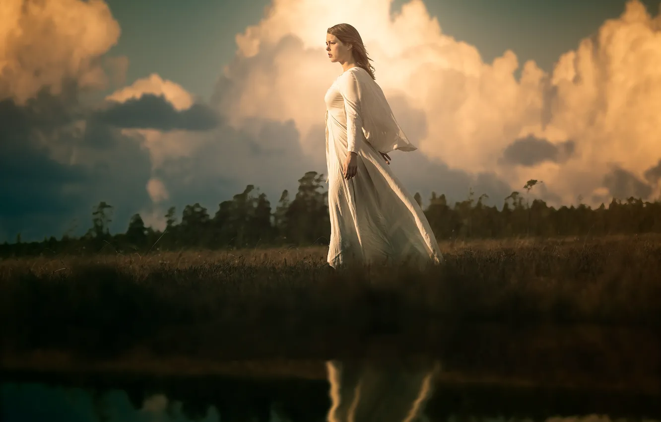 Photo wallpaper girl, reflection, river, shore, dress