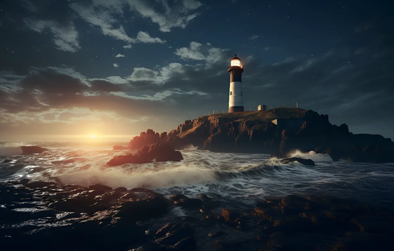 Photo wallpaper sea, wave, the sky, stars, clouds, light, sunset, stones