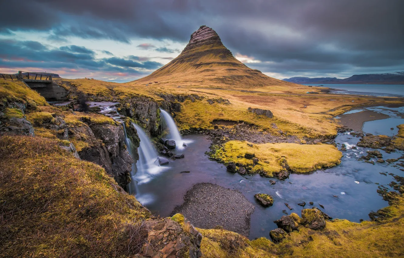 Photo wallpaper sea, the sky, mountains, clouds, bridge, river, waterfall, Iceland