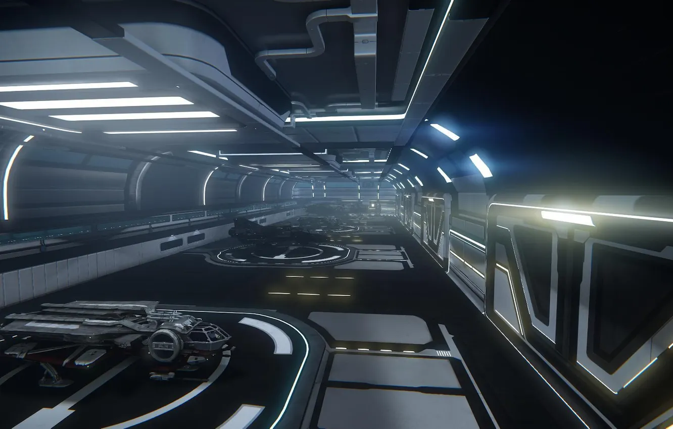 Photo wallpaper space, ships, lighting, hangar, the room, art, space station, spaceship
