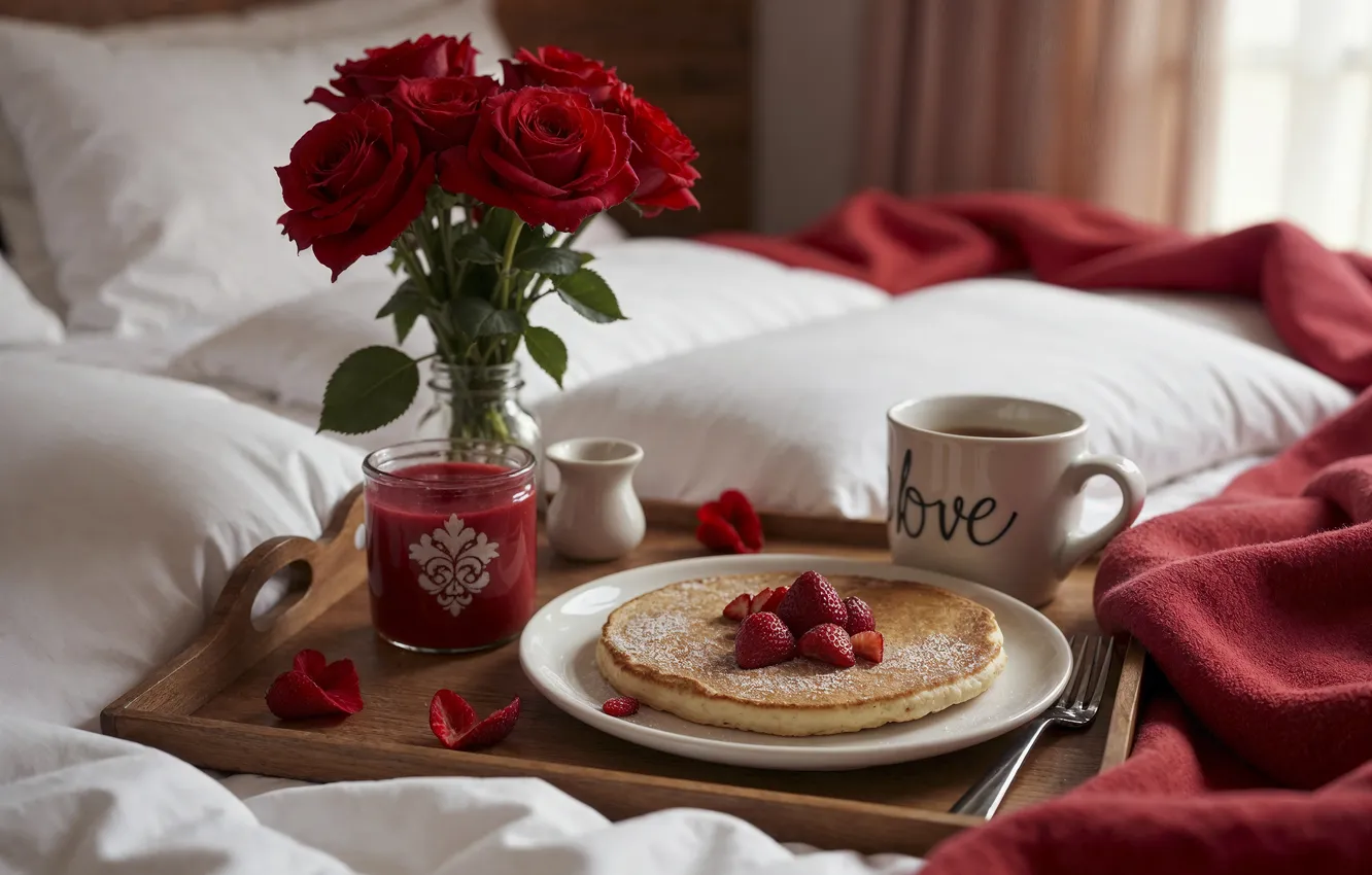 Photo wallpaper love, flowers, romance, heart, roses, Breakfast, love, pancakes