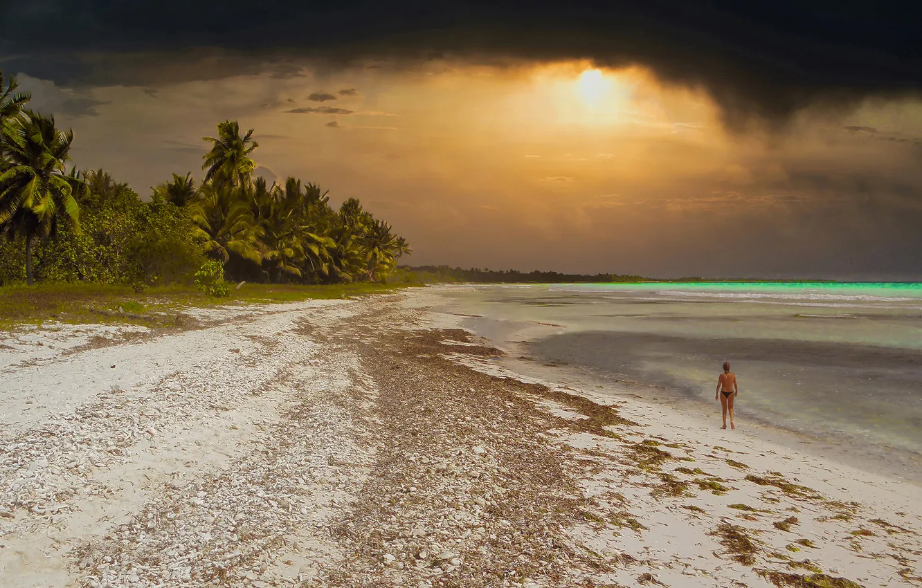 Photo wallpaper sea, beach, the sky, girl, sunset, clouds, tropics, palm trees