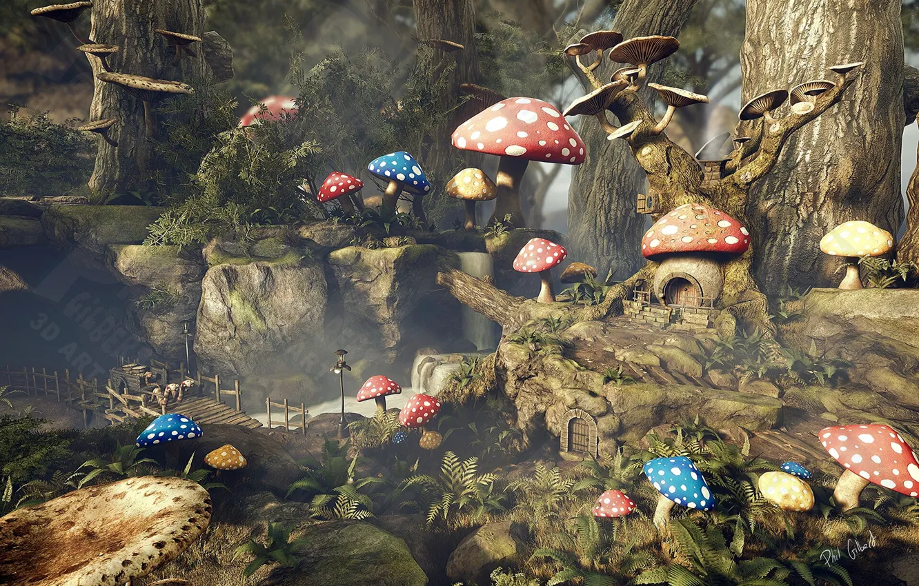 Photo wallpaper forest, bridge, vegetation, mushrooms, Mushroom Treehouse