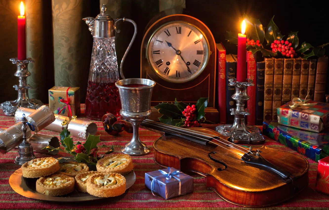 Photo wallpaper wine, violin, watch, glass, books, candles, cookies, gifts