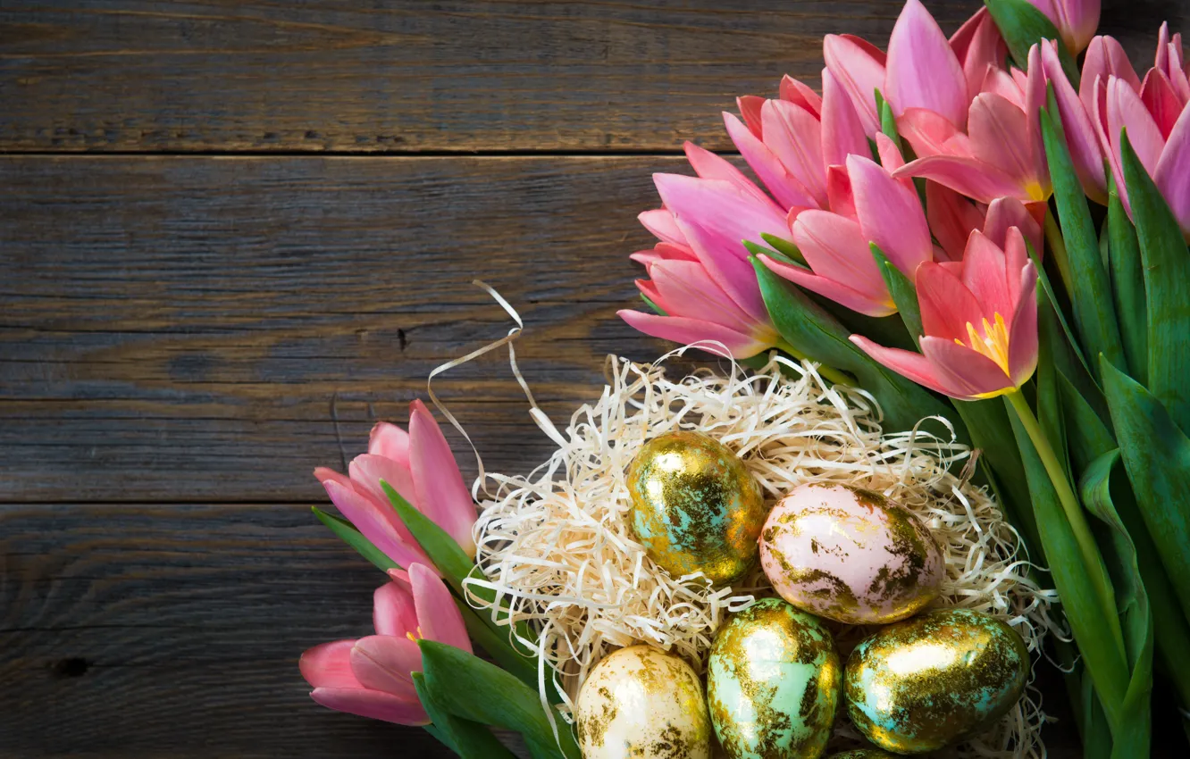 Photo wallpaper eggs, spring, Easter, tulips