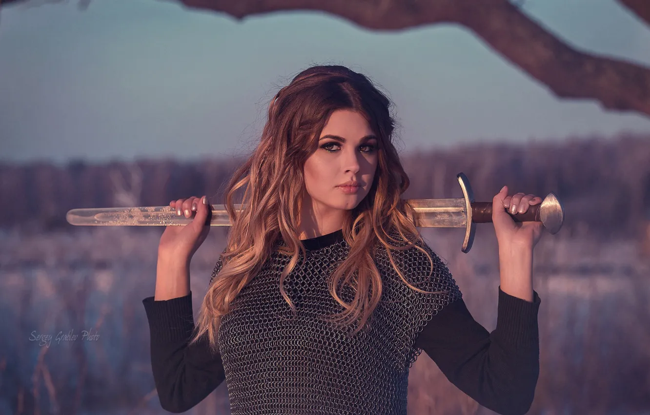 Photo wallpaper look, girl, weapons, sword, warrior, mail, Sergei Grablev