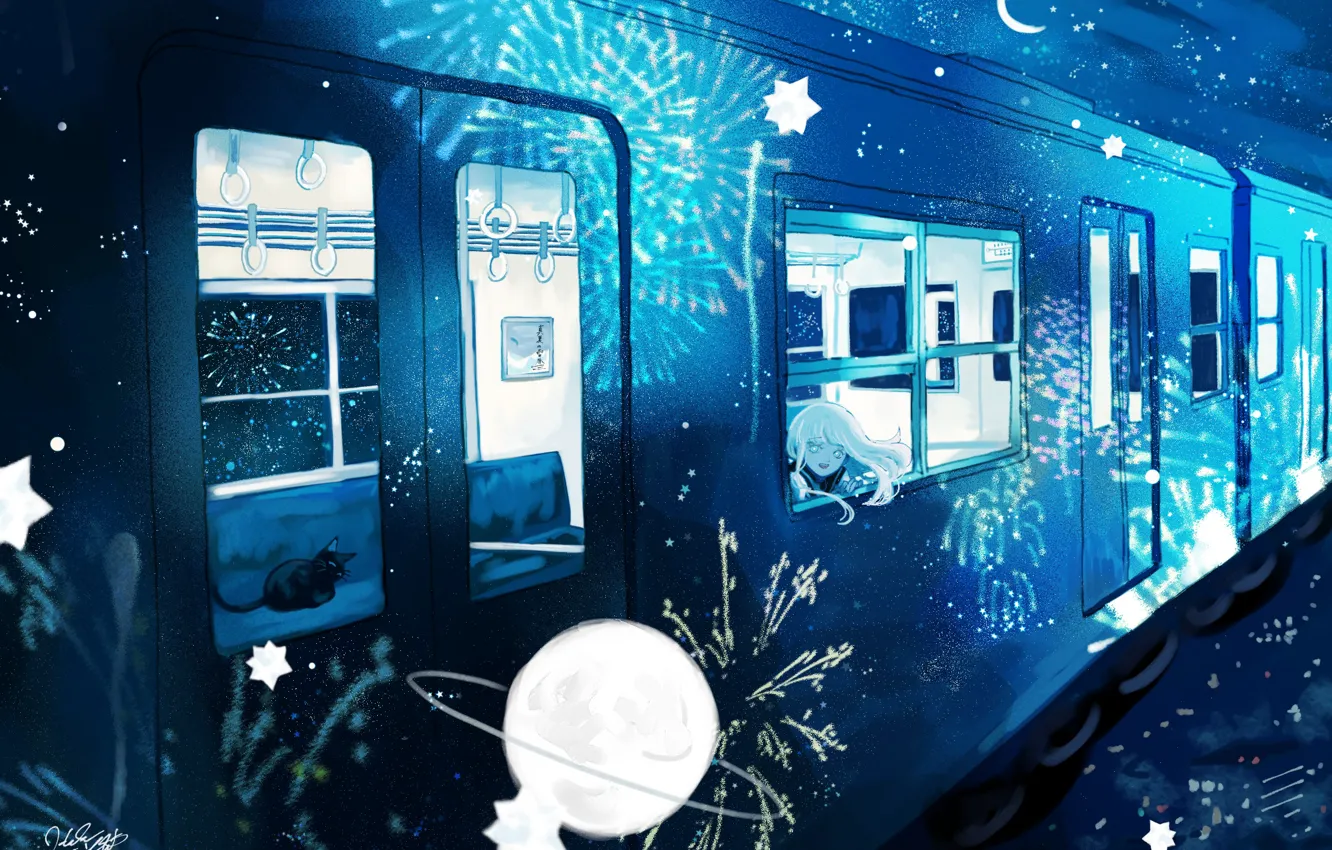Photo wallpaper cat, night, train, fantasy, fireworks, schoolgirl