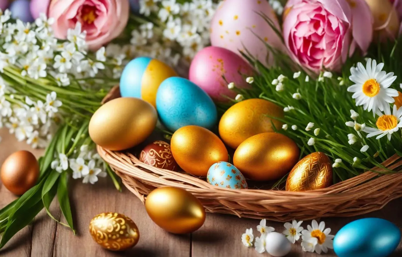 Photo wallpaper flowers, eggs, spring, colorful, Easter, flowers, spring, Easter