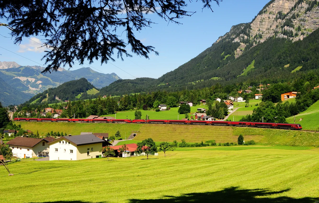 Photo wallpaper mountains, field, train, Austria, railroad, houses, forest, LBraz