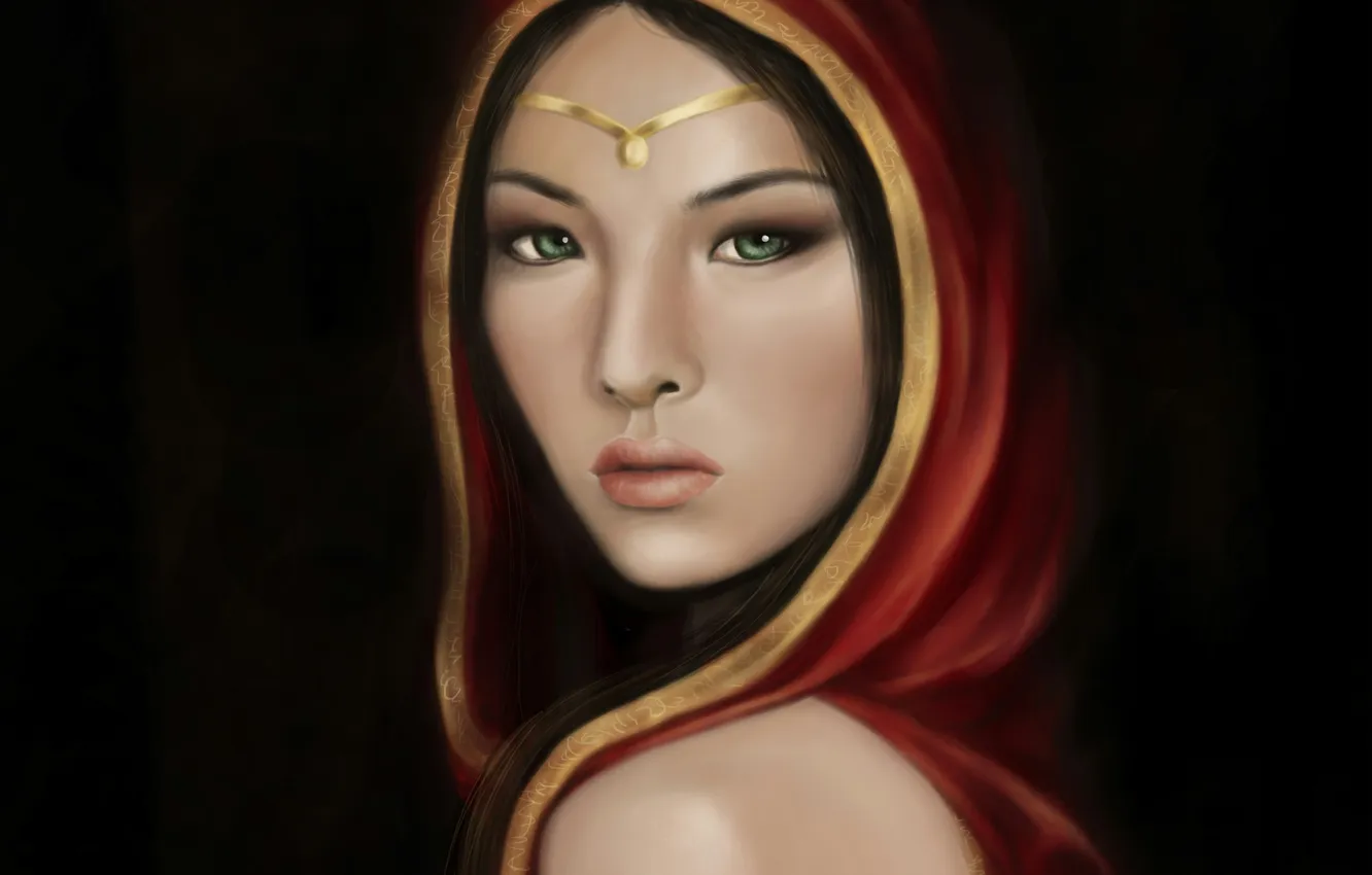 Photo wallpaper girl, the dark background, art, hood, Diadema, shoulders