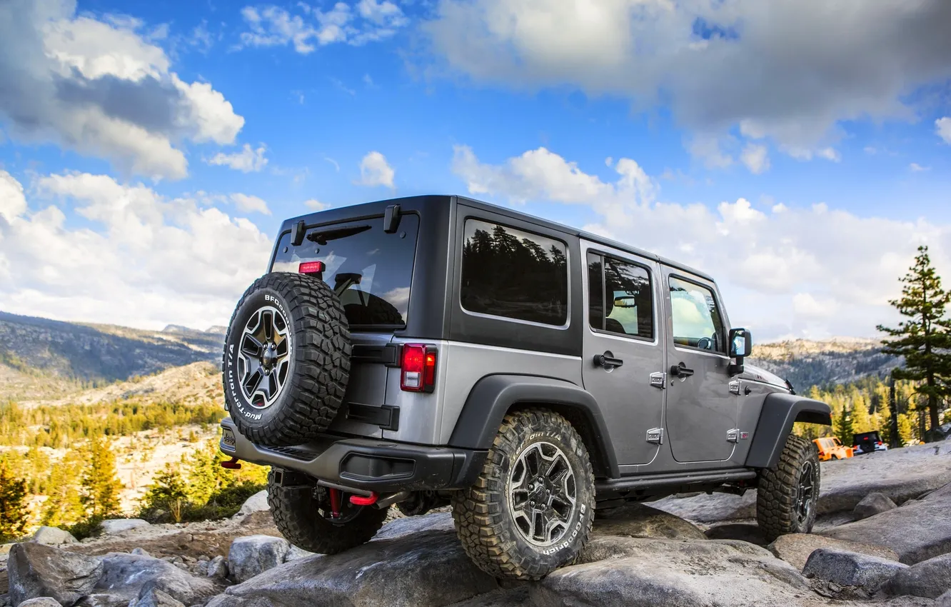 Photo wallpaper auto, the sky, clouds, stones, day, Wrangler, Jeep, The roads