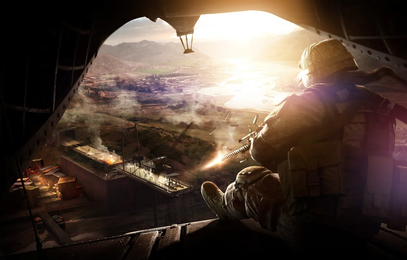 Photo wallpaper Fire, War, Helicopter, Red River, Operation Flashpoint
