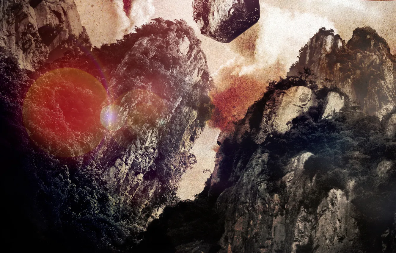 Photo wallpaper trees, glare, rocks, noise