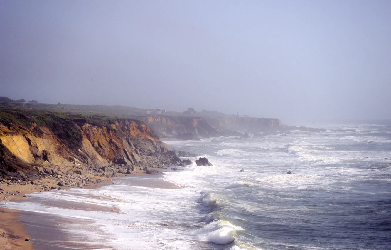 Photo wallpaper waves, beach, fog, houses, lighthouse, cliffs, troubled sea