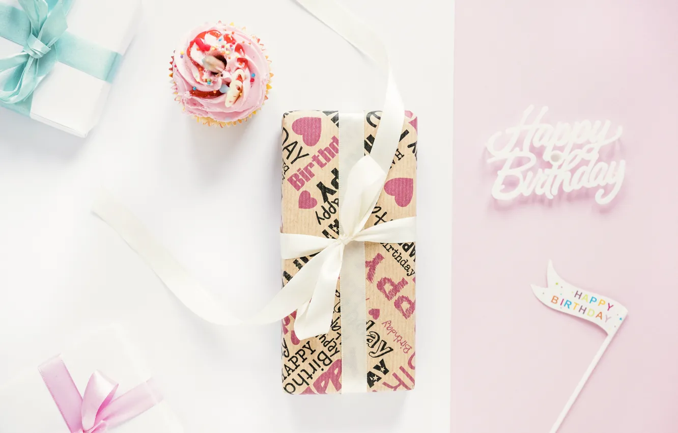 Photo wallpaper holiday, gifts, box, pink, present, flag, cupcake, Holiday