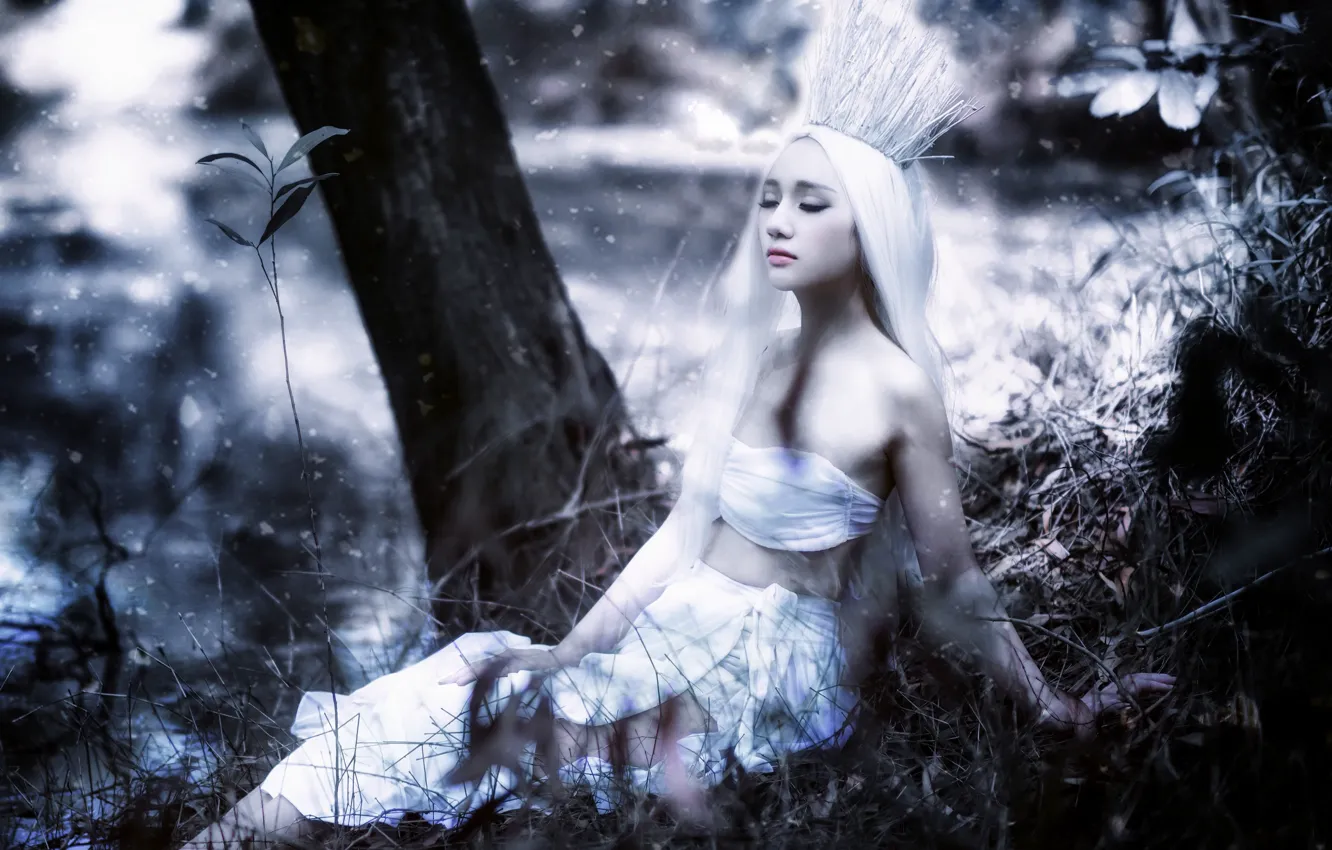 Photo wallpaper girl, nature, crown, Asian