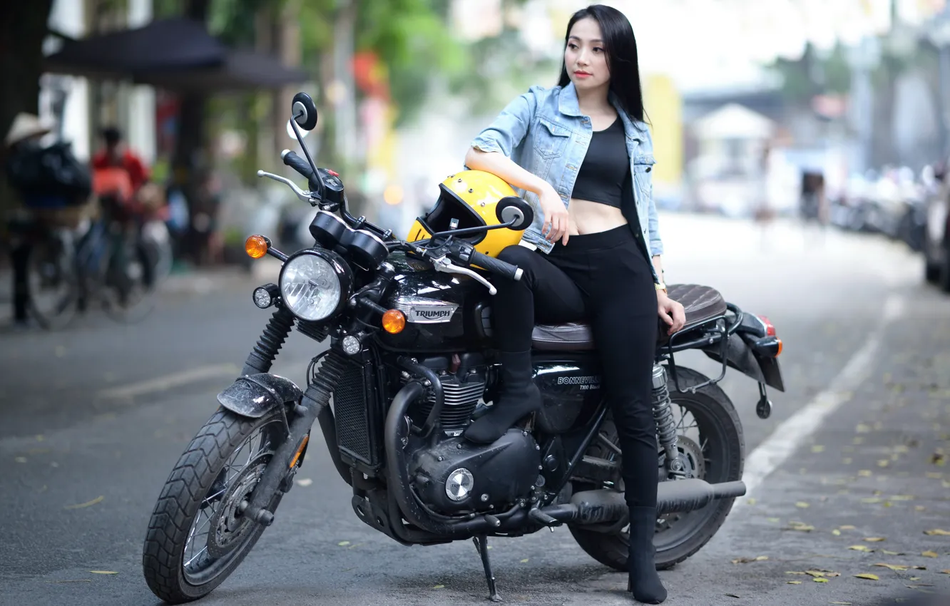 Photo wallpaper girl, street, motorcycle, Asian