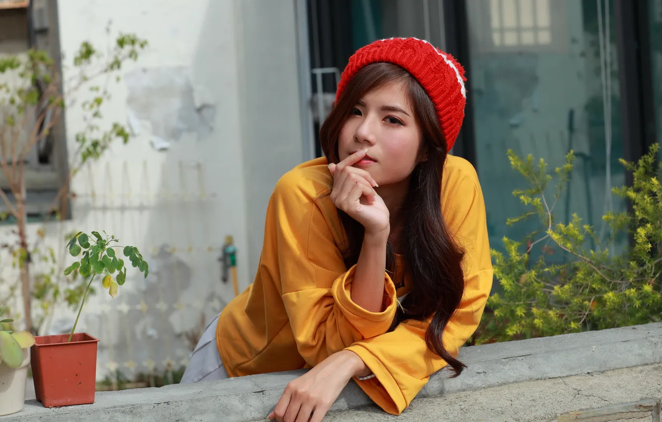 Photo wallpaper look, girl, Asian, cap