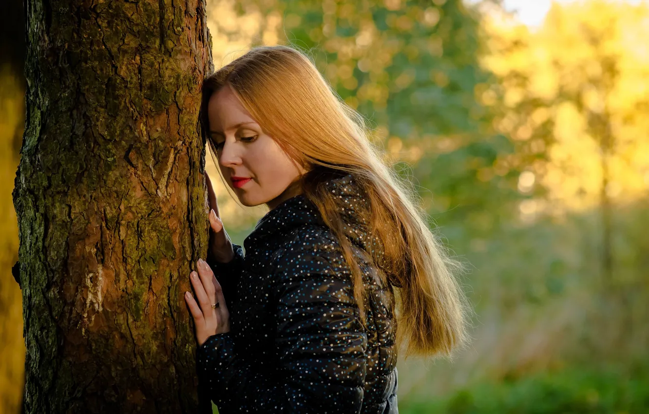 Photo wallpaper girl, trees, model, hair, bokeh, Blondie