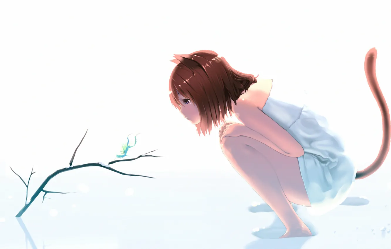 Photo wallpaper girl, snow, branches, mantis, neko, ears, ponytail