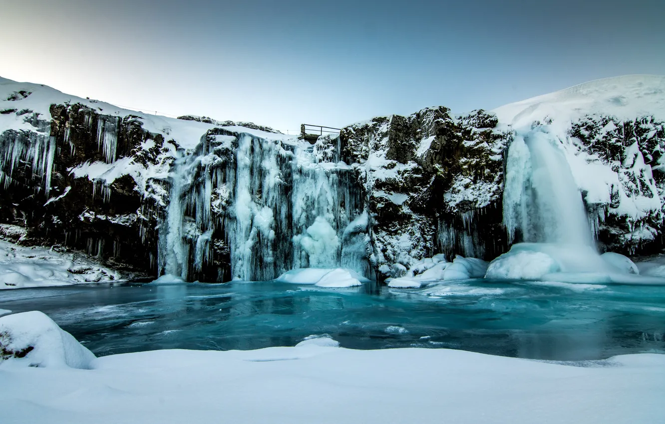 Photo wallpaper winter, the sky, snow, rock, waterfall, ice, Iceland