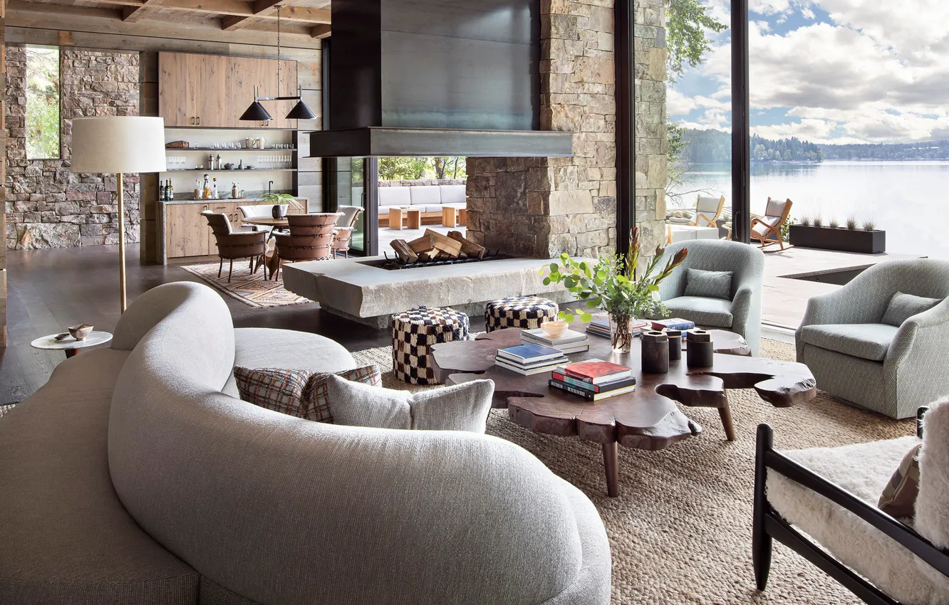 Photo wallpaper design, style, Villa, interior, fireplace, living room, dining room, lake view