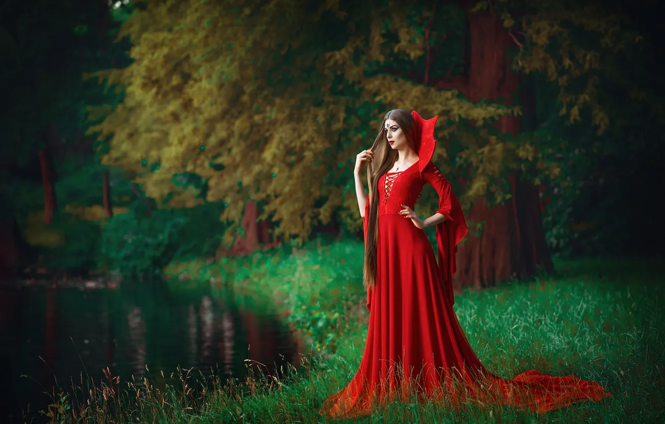 Photo wallpaper grass, look, girl, decoration, trees, nature, pose, lake