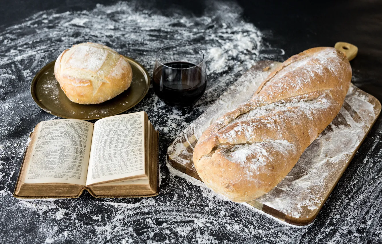 Photo wallpaper wine, book, bread, flour, Bible, Eastern, supper, Holy Bible