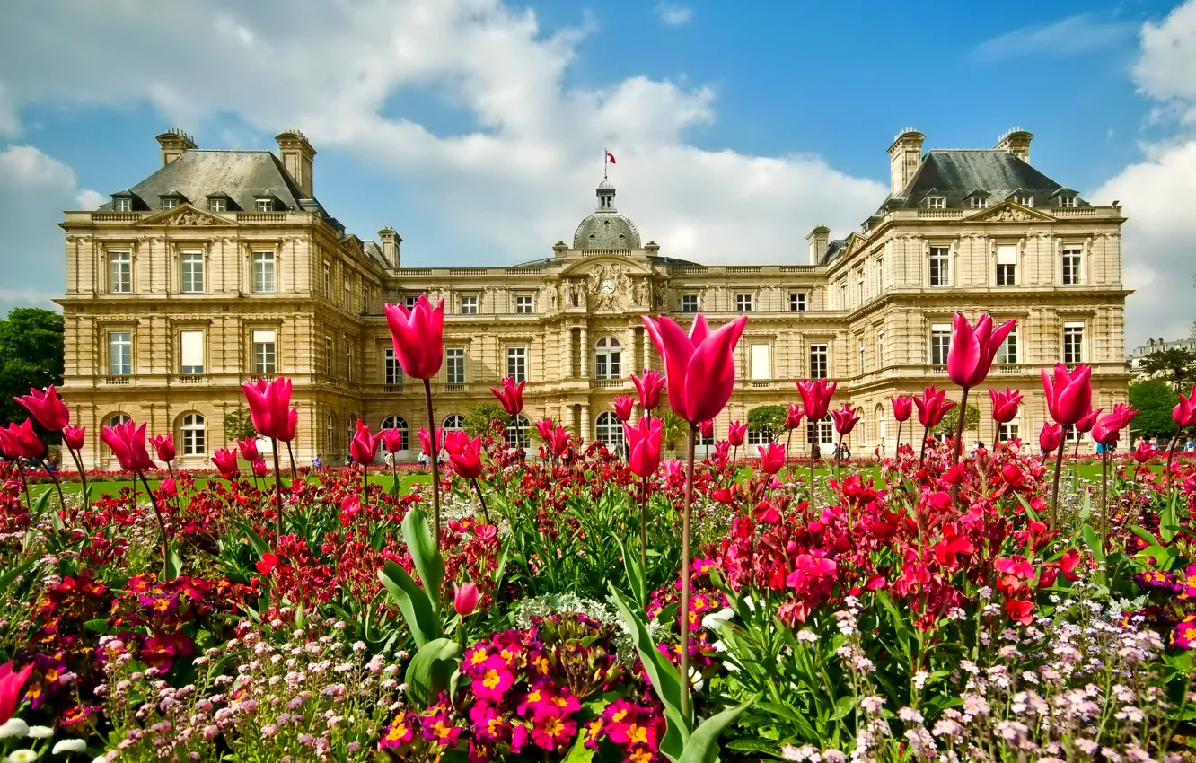 Photo wallpaper the sky, flowers, Palace