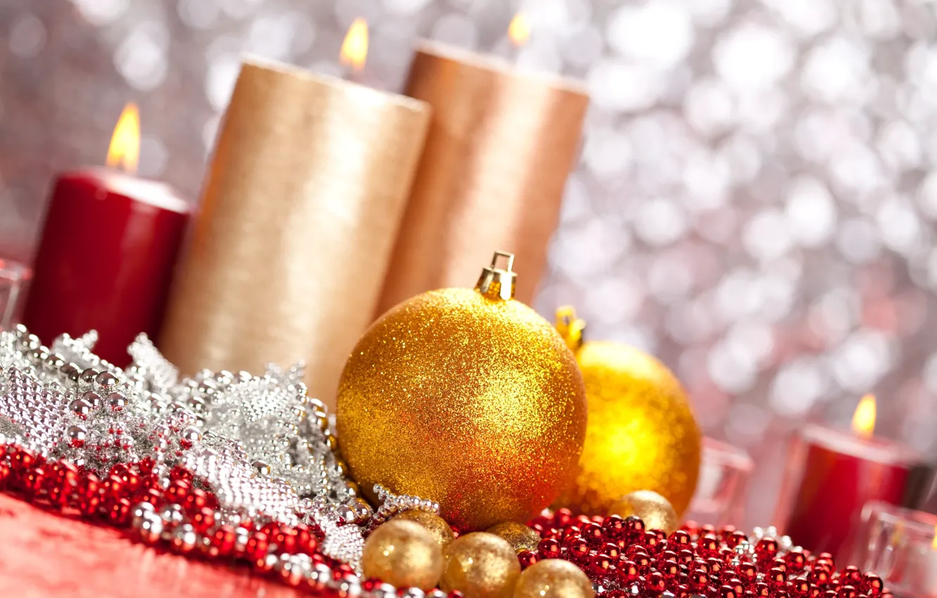 Photo wallpaper holiday, balls, toy, new year, candles, beads, the scenery, happy new year