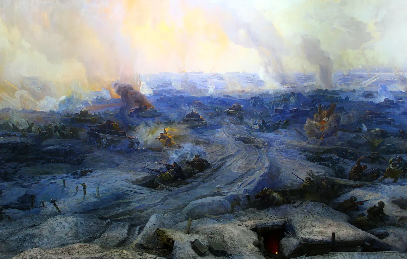 Photo wallpaper winter, snow, war, attack, picture, soldiers, panorama, tank