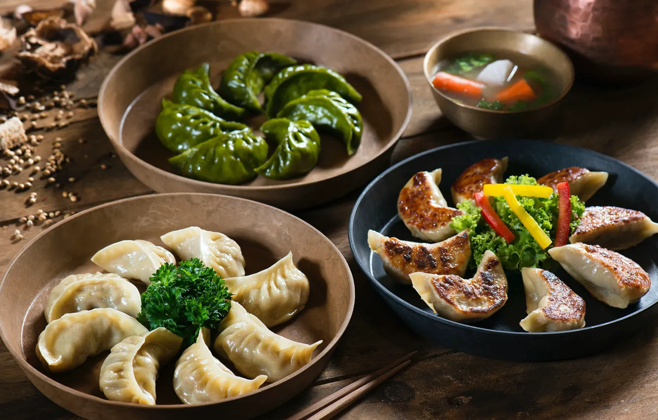 Photo wallpaper plate, sauce, dumplings