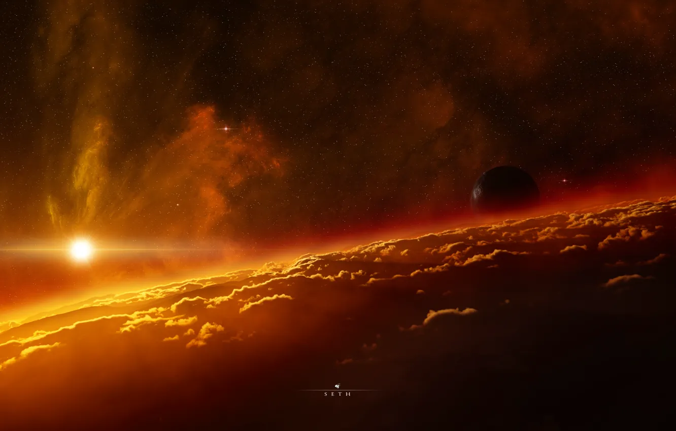 Photo wallpaper the sky, the sun, stars, clouds, light, planet, the atmosphere