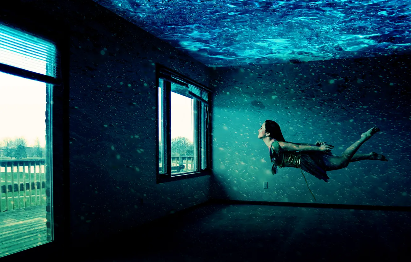 Photo wallpaper girl, room, window, under water
