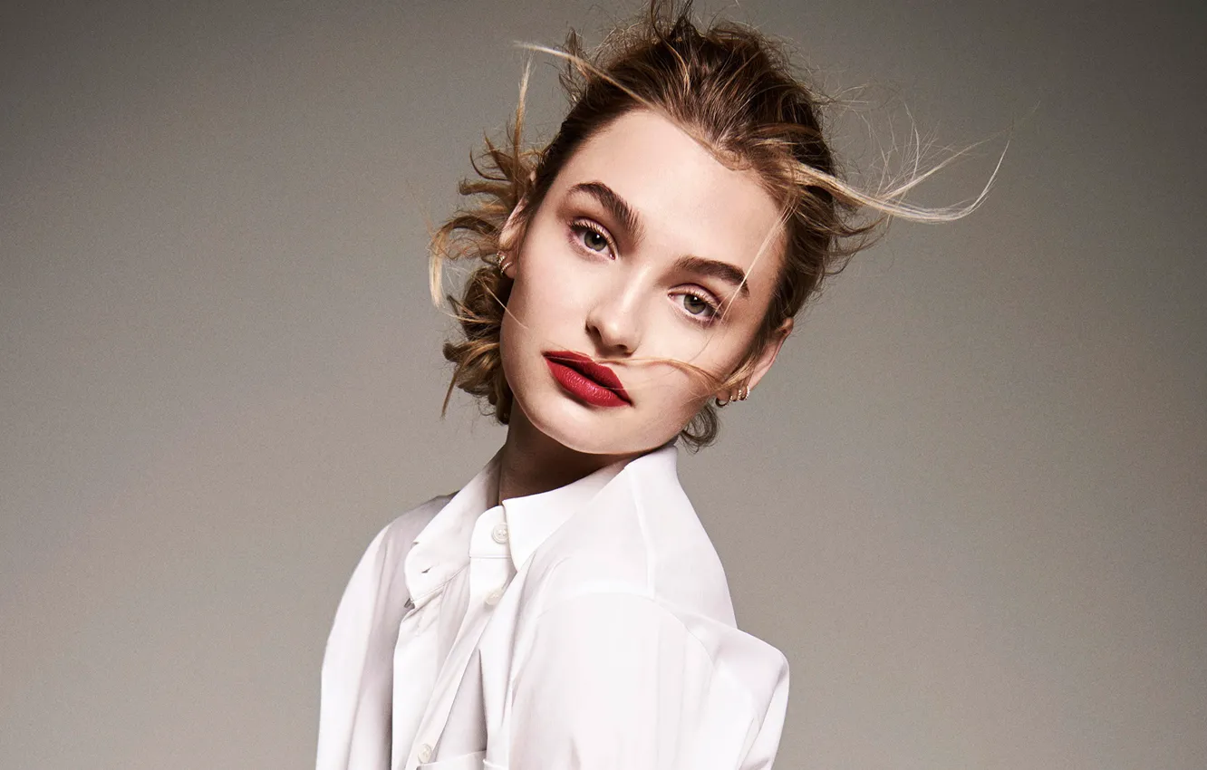 Photo wallpaper look, girl, face, portrait, lips, shirt, Roosmarijn De Kok